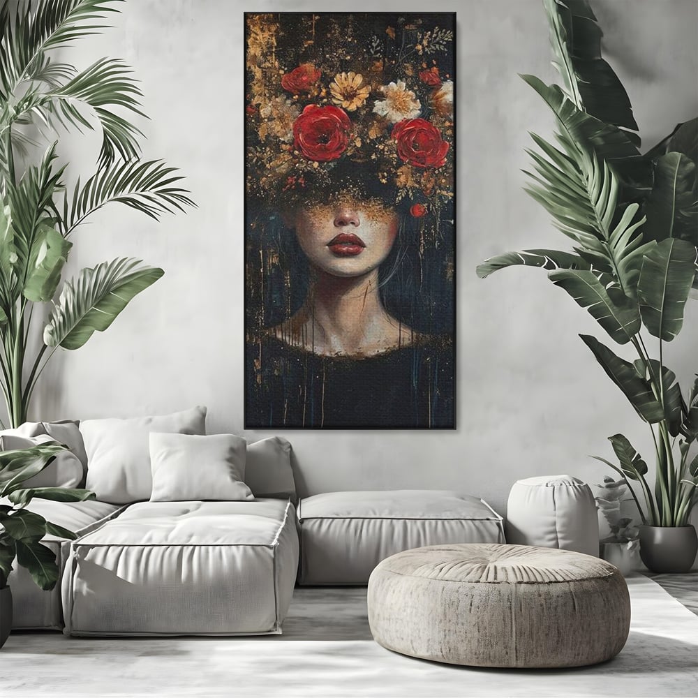 Tablou canvas cu tablou canvas cu portret de femeie si trandafiri rosii, in rama de aluminiu negru, pe perete intr-un living